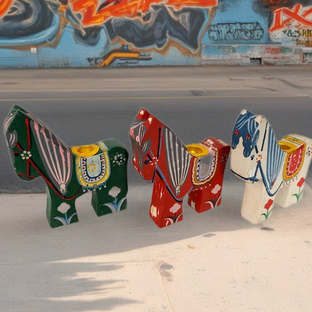 Set 3 Wooden Dala Horse Candleholders Folk Art